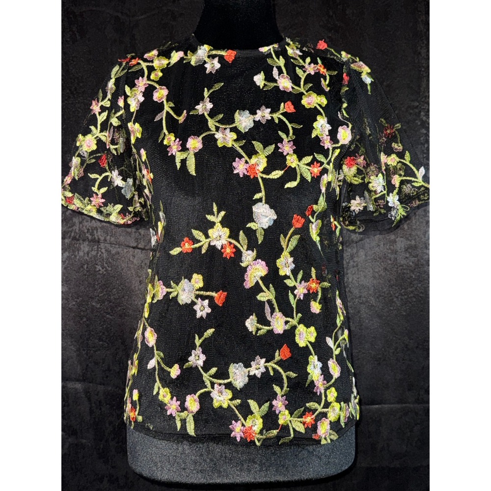 Flores Womens‎ Black Sheer Mesh Floral Embroidered Short Sleeve Top Small NWT